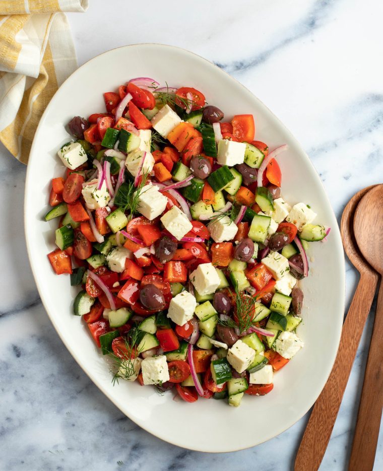 Large dish of Greek salad.