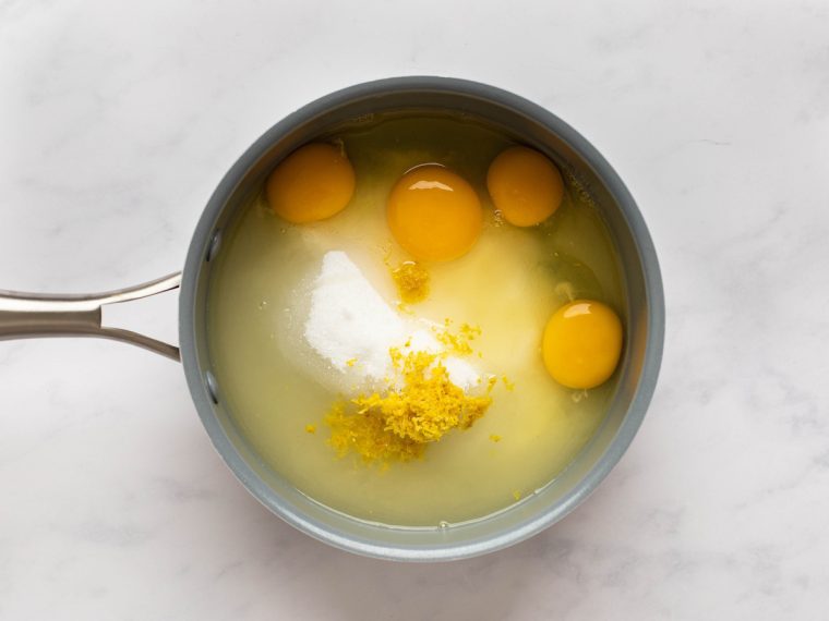 sugar, eggs, lemon zest, lemon juice, and salt in medium saucepan