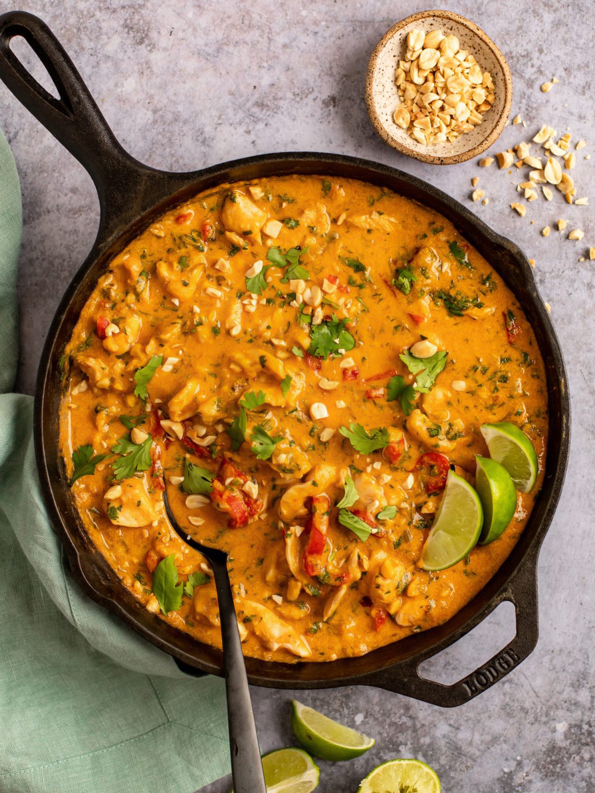 Panang curry in a skillet.