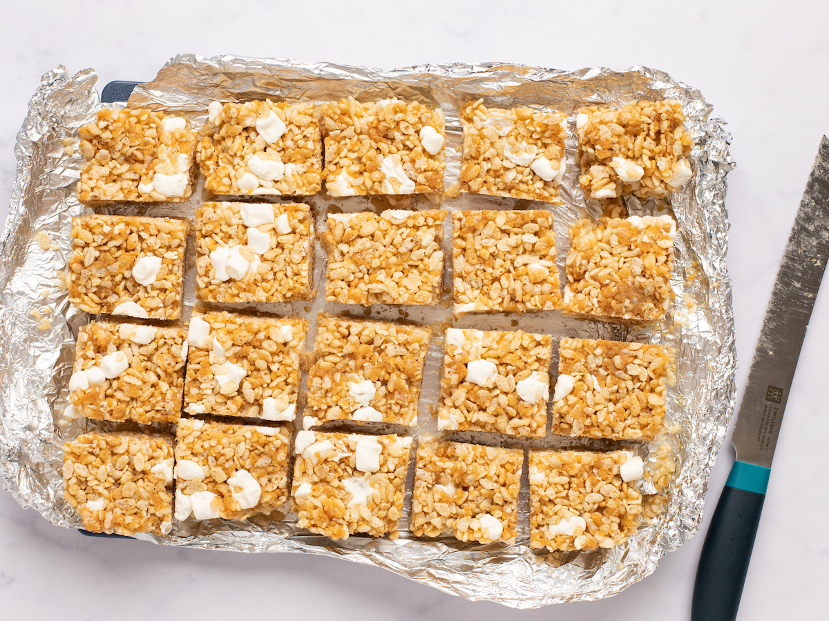 Rice Krispie treats cut into squares
