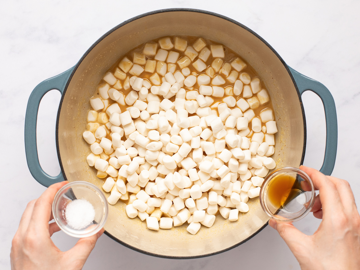 marshmallows, vanilla and salt added to dutch oven