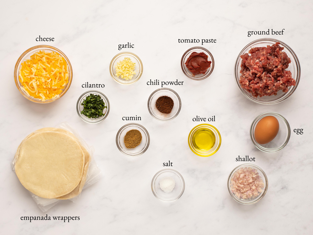 Empanada ingredients including shallot, chili powder, and tomato paste.