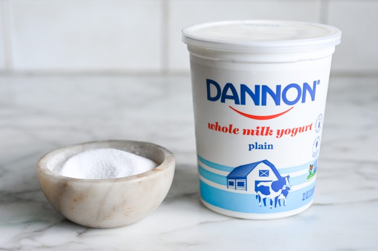 yogurt and salt on marble counter