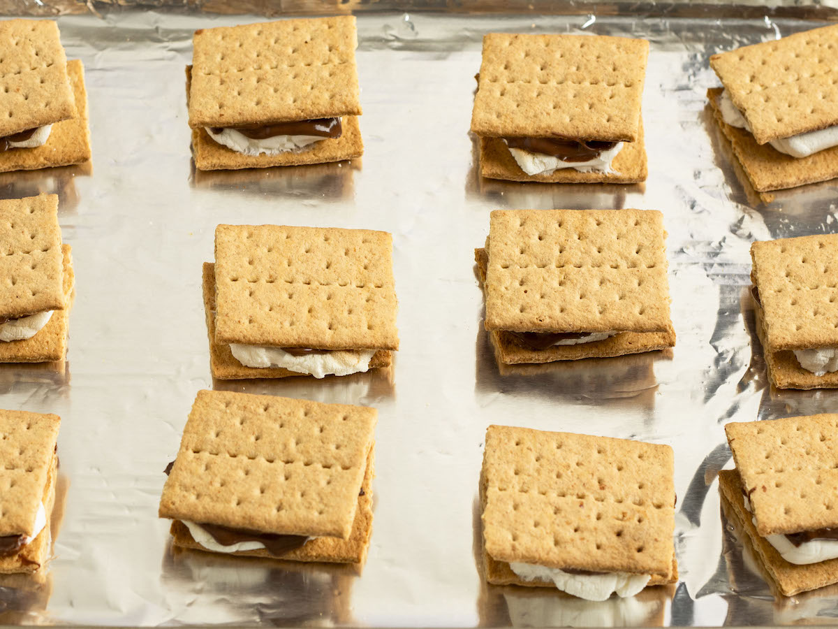 finished s'mores on baking sheet