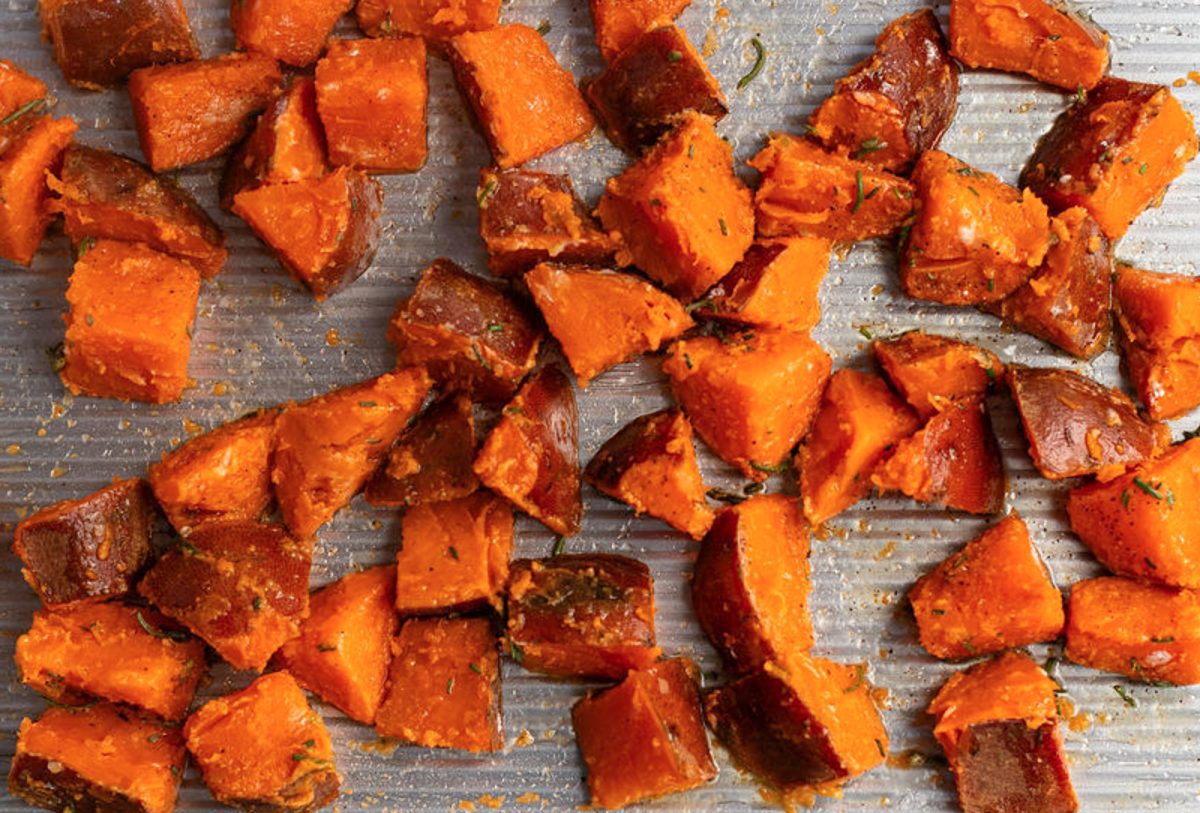 sweet potatoes coated with potato starch, oil, salt, rosemary, and pepper