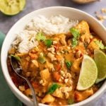 panang curry over rice in bowl