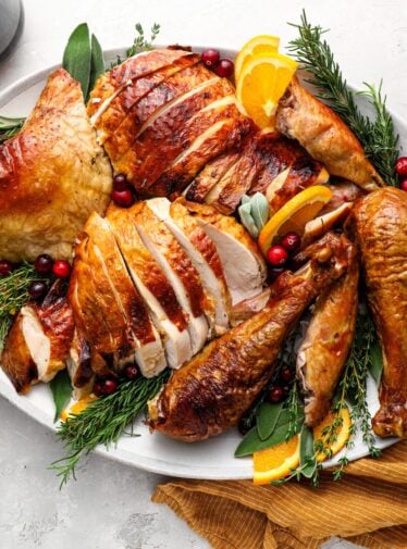 Carved Thanksgiving turkey on platter