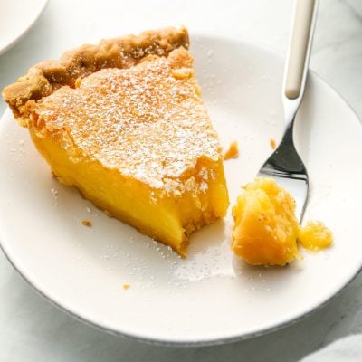 slice of chess pie on plate with fork