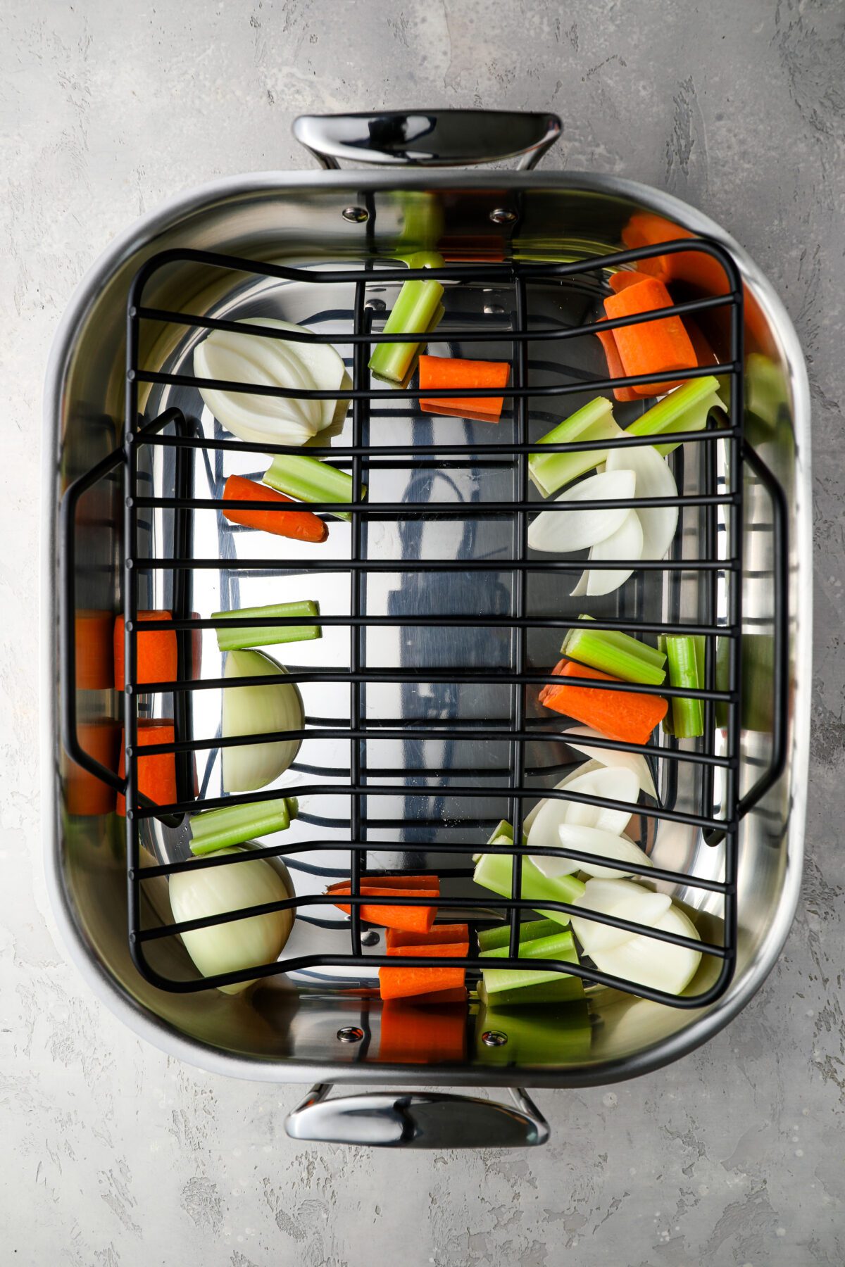 veggies in roasting pan with rack