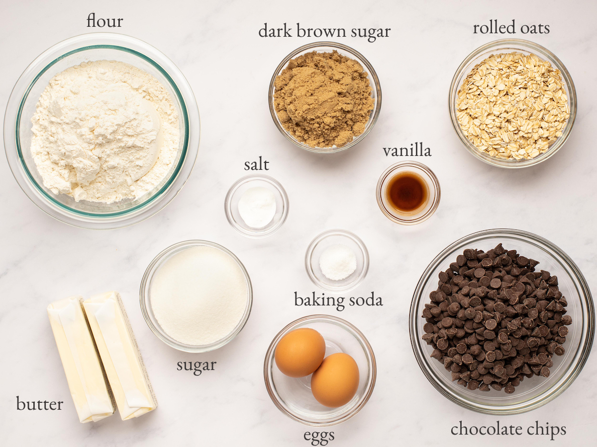 Cookie ingredients including rolled oats, eggs, and vanilla.