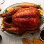 thanksgiving turkey on platter with cranberry sauce and gravy on the side