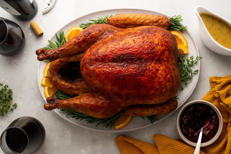 thanksgiving turkey on platter with cranberry sauce and gravy on the side