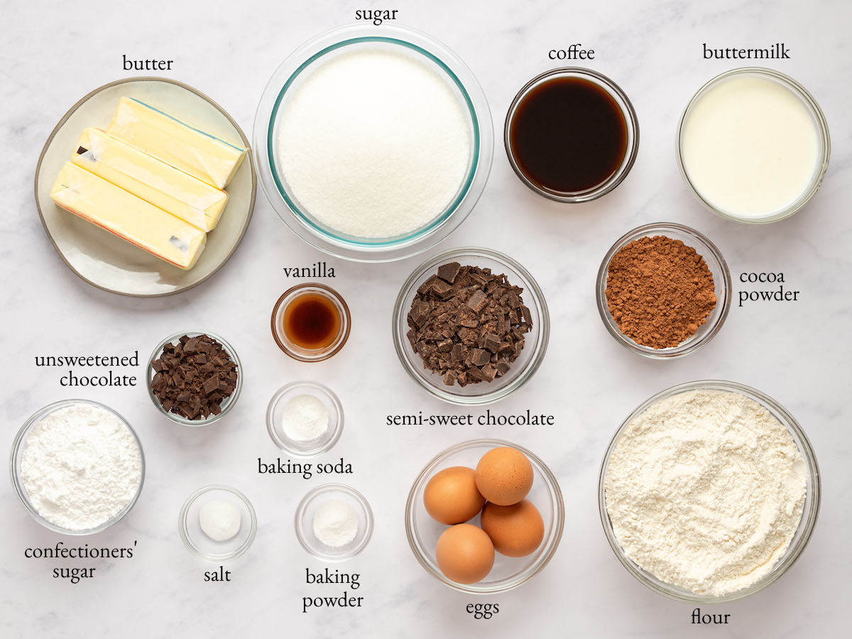 ingredients to make chocolate bundt cake