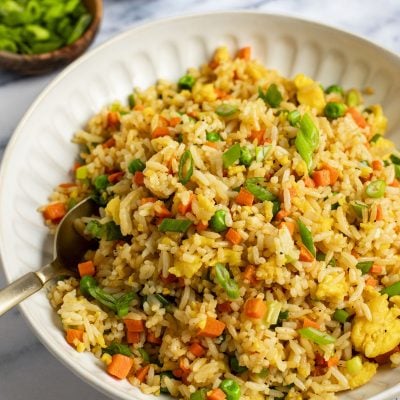 cooked fried rice in white bowl
