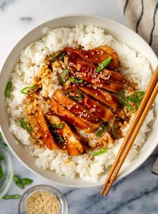 chicken teriyaki with rice in serving bowl