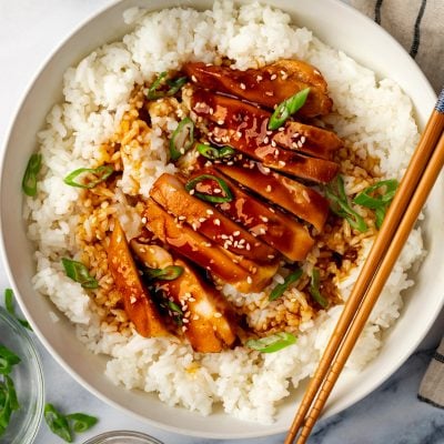 chicken teriyaki with rice in serving bowl