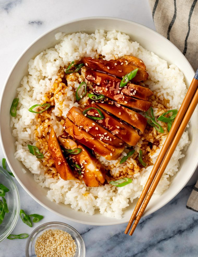 chicken teriyaki with rice in serving bowl