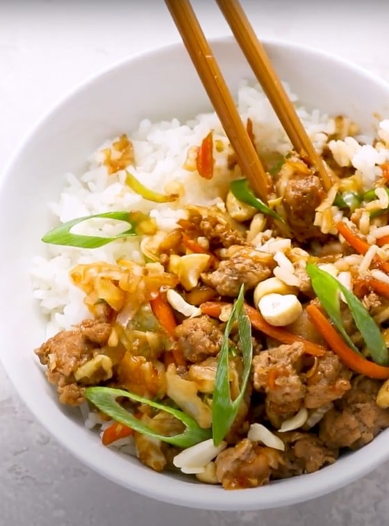 egg roll in a bowl with chopsticks