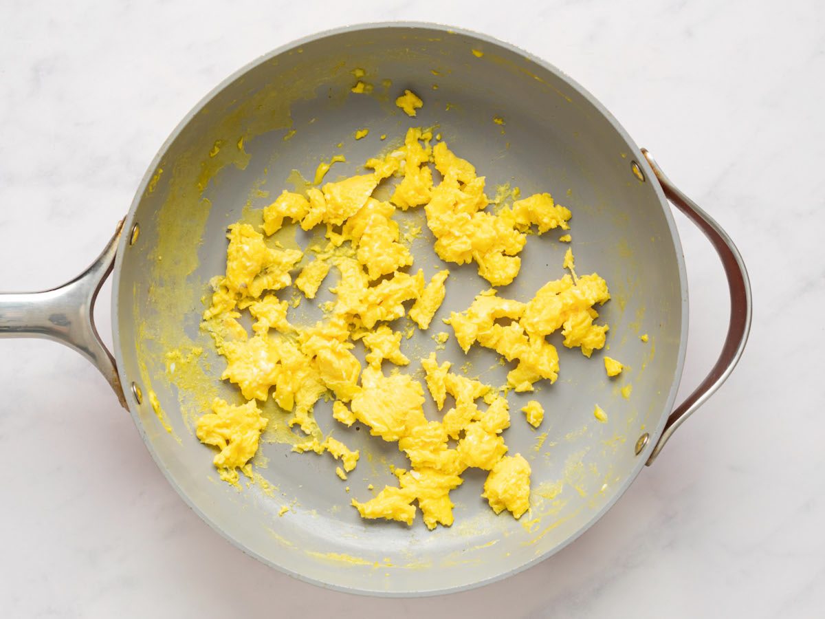 scrambled eggs in nonstick skillet.