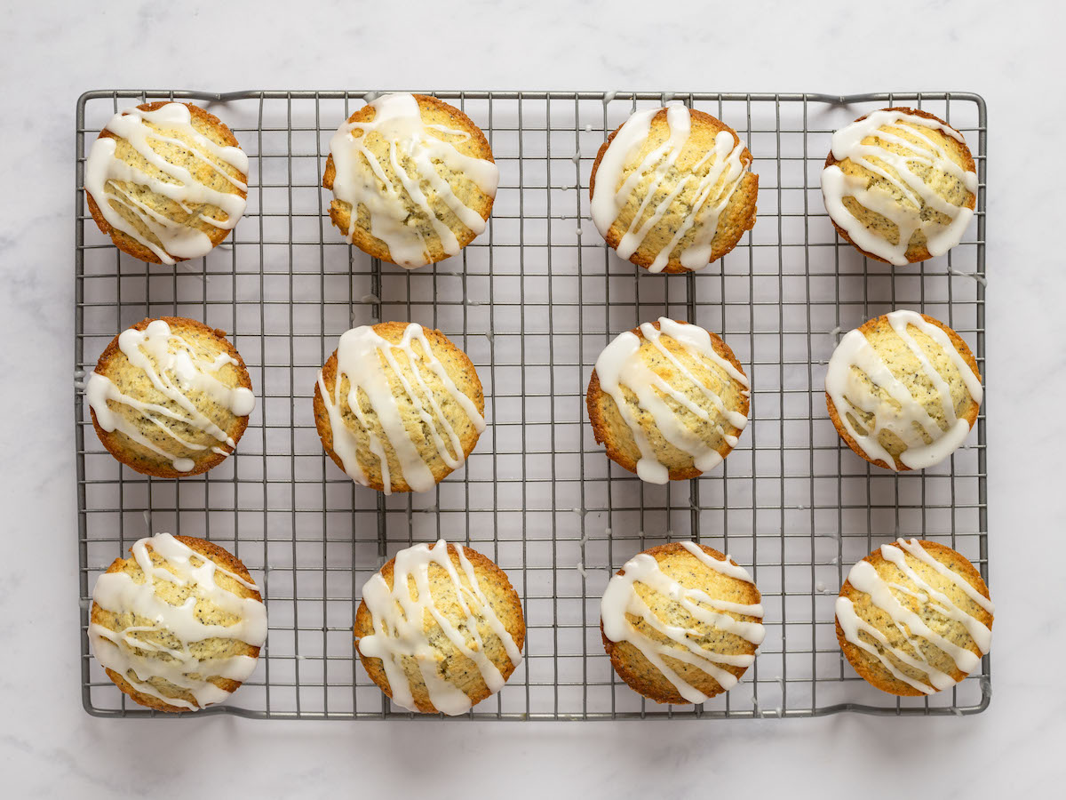 lemon poppy seed muffins drizzled with lemon juice/confectioners' sugar glaze