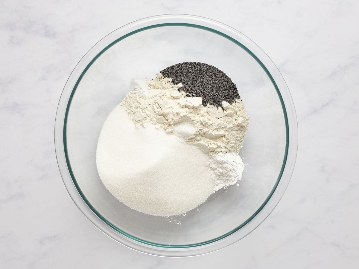 flour, granulated sugar, poppy seeds, baking powder, baking soda, and salt in a large bowl