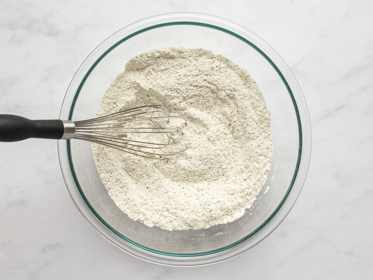 flour, granulated sugar, poppy seeds, baking powder, baking soda, and salt in a large bowl whisked together