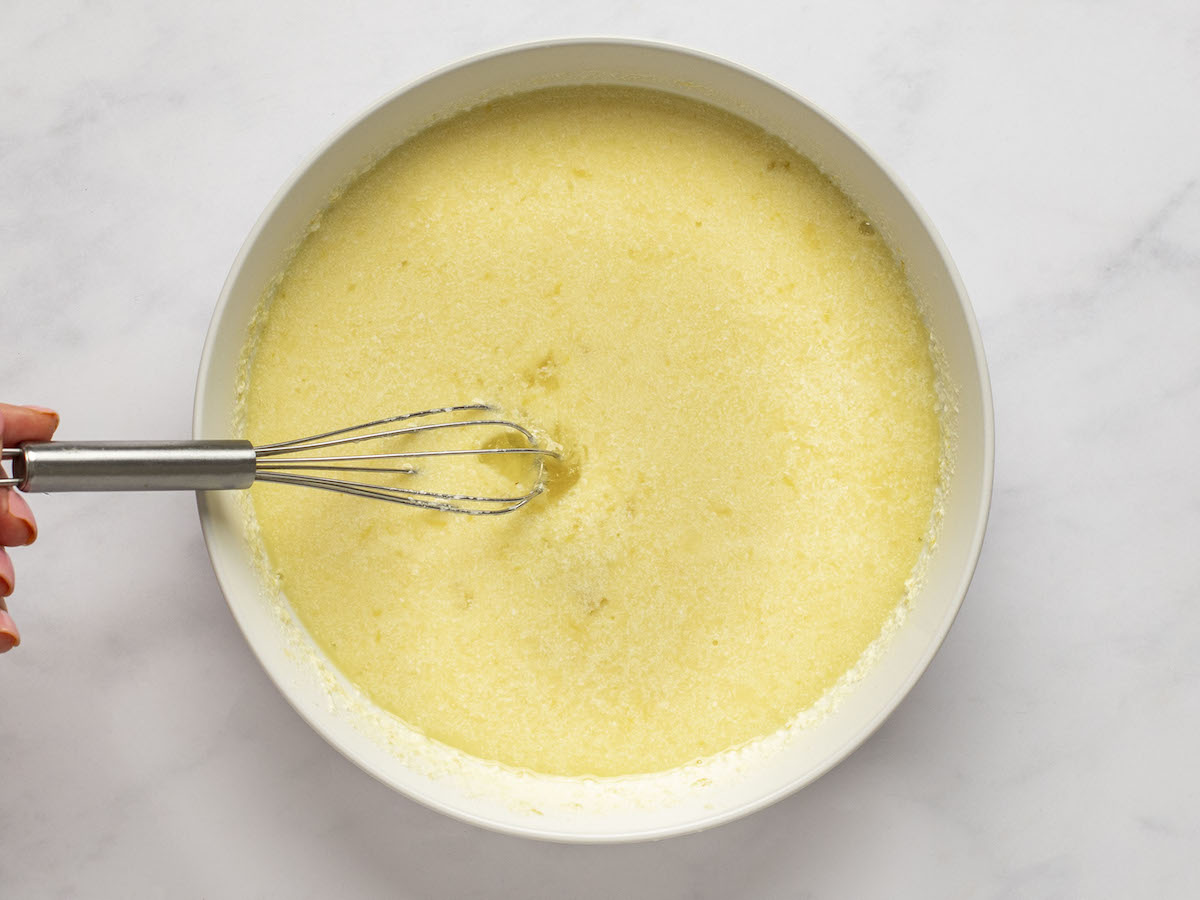 eggs whisked into curdled lemon/milk mixture in small bowl