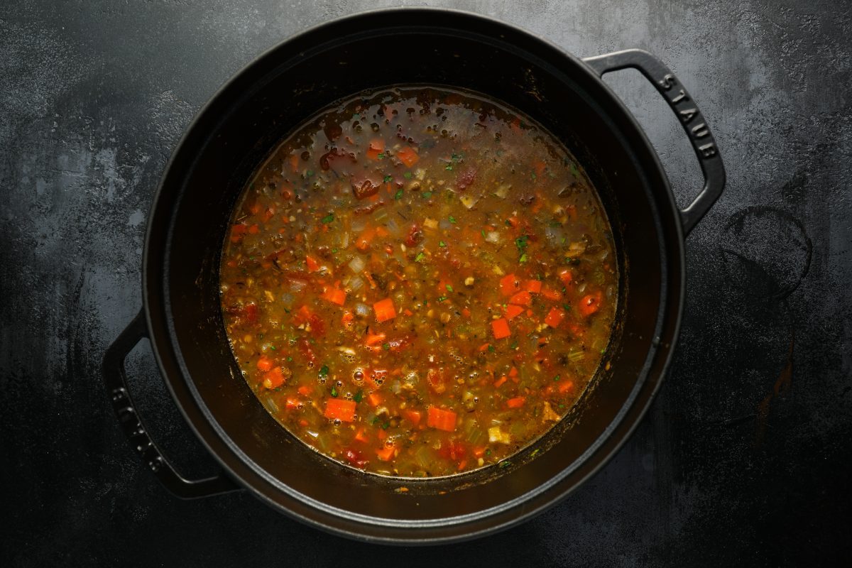 lentil soup in pot before blending.