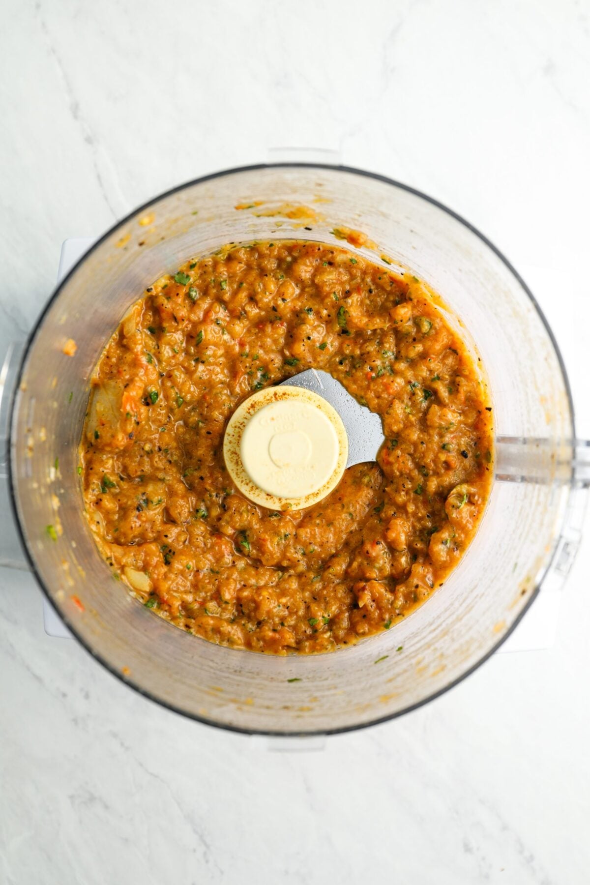 finished roasted tomato salsa in food processor.