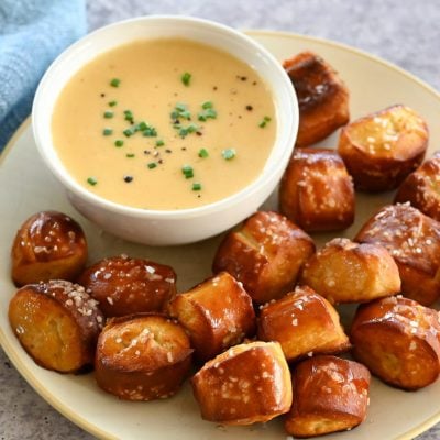 beer cheese dip with pretzel bites.