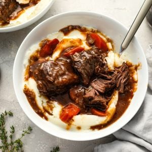 Braised short ribs over mashed potatoes.
