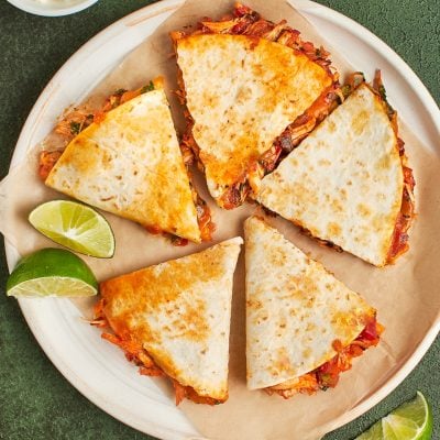 chipotle chicken quesadillas on serving platter