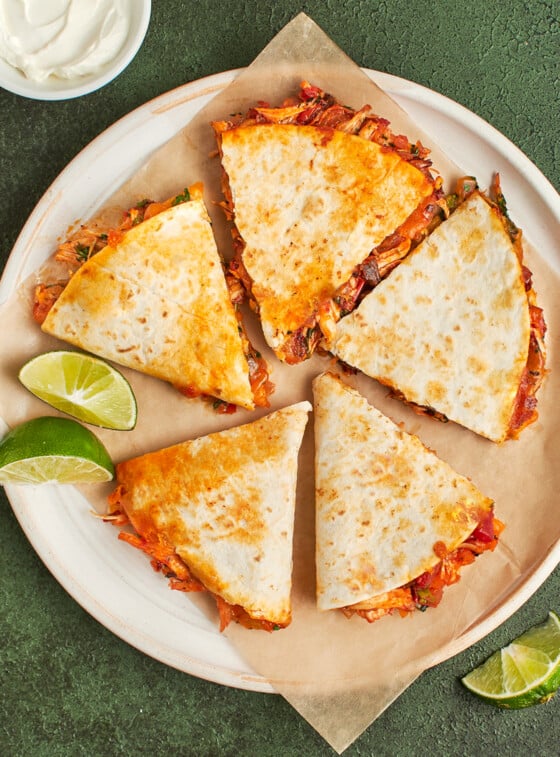 chipotle chicken quesadillas on serving platter