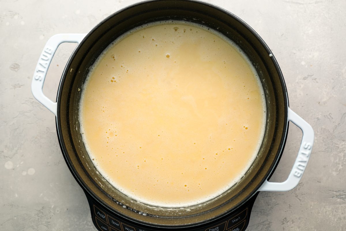 thickened avgolemono broth in pot