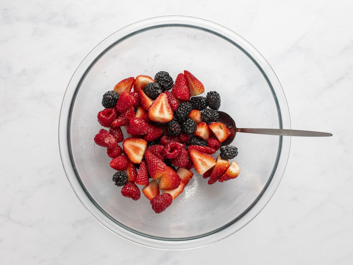 medium bowl with mixed berries in their juices