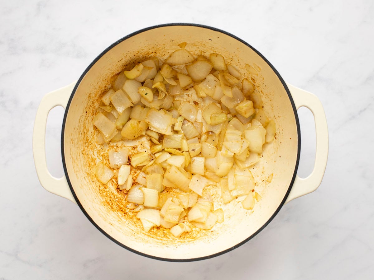softened onions and garlic in Dutch oven