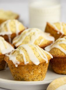 lemon muffins on platter with yellow and white stripe napkin