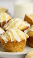 lemon muffins on platter with yellow and white stripe napkin