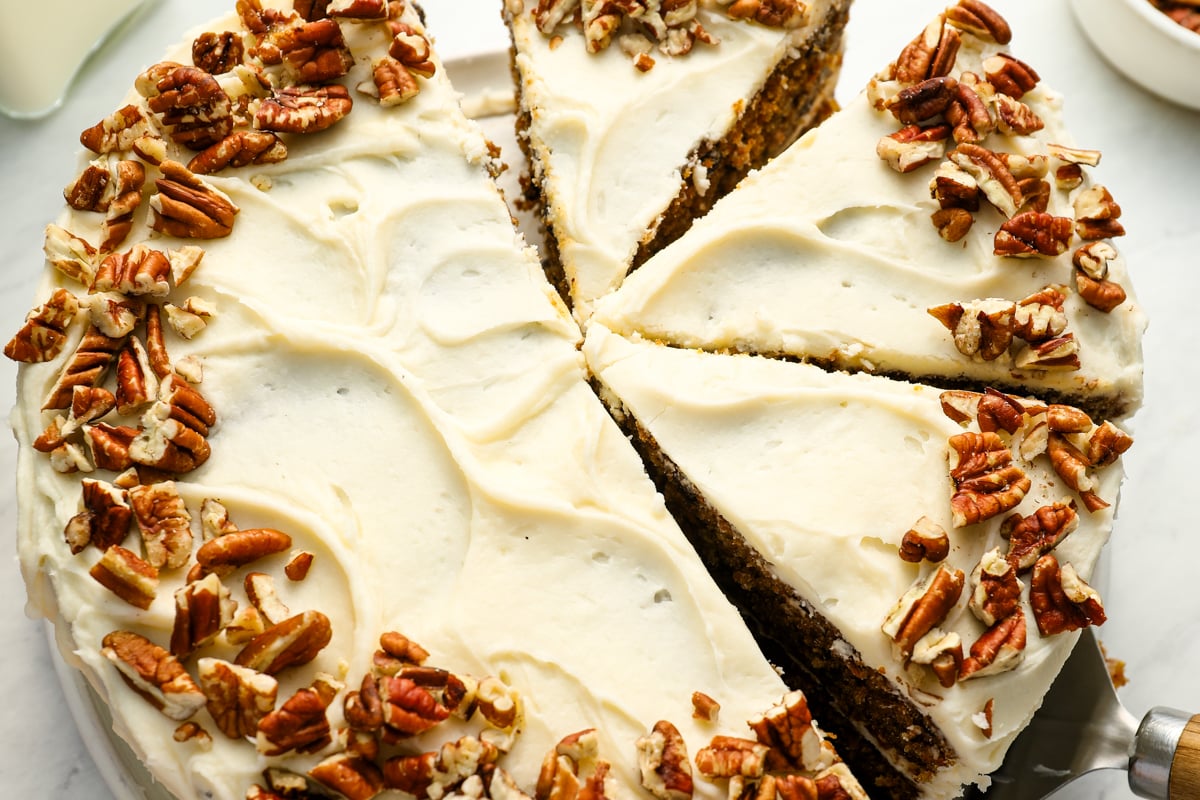 sliced carrot cake on platter