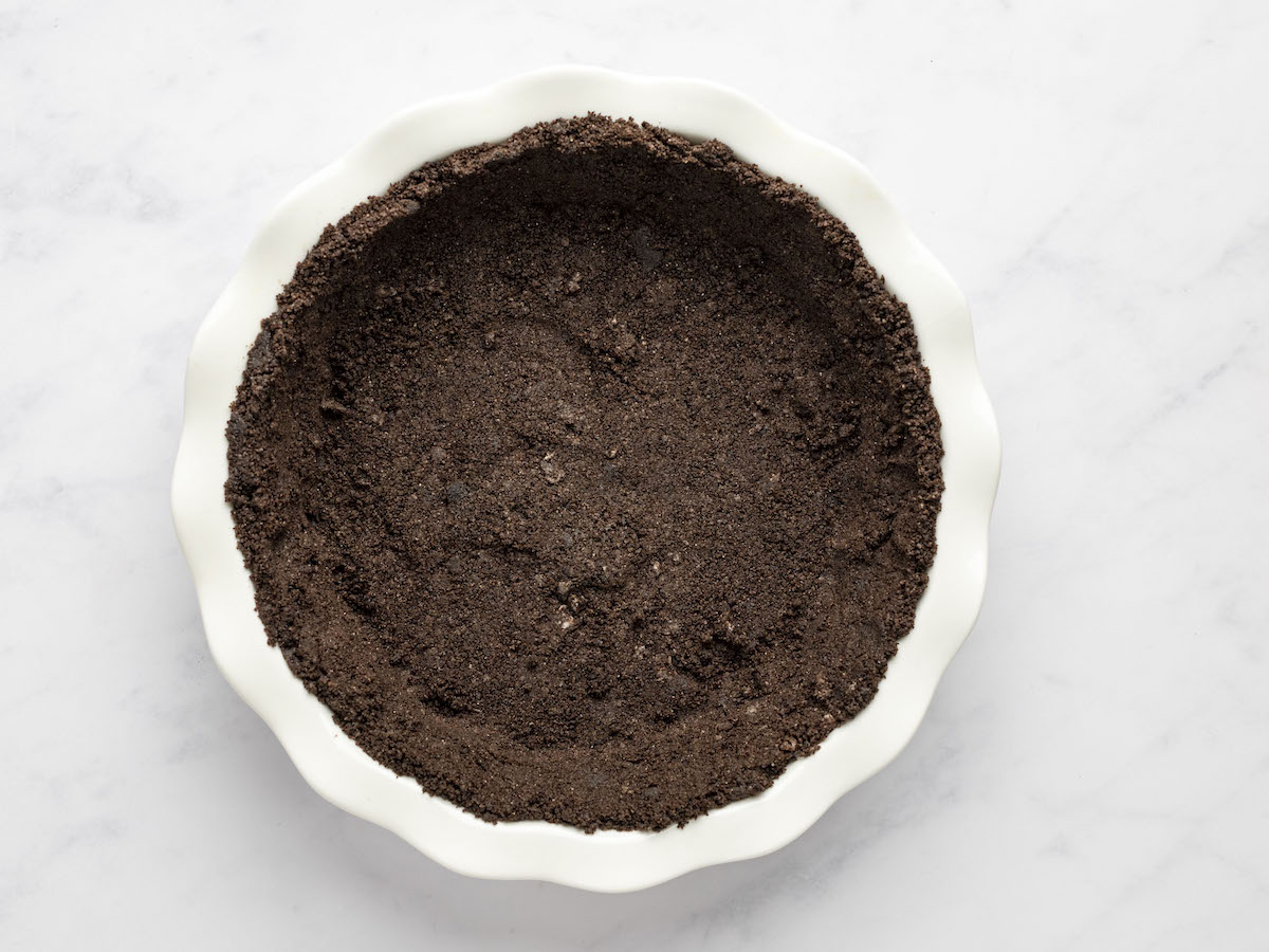 Oreo crumbs pressed into pie pan.