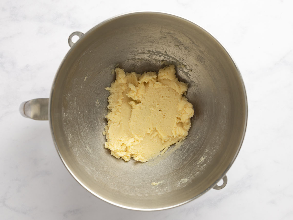 creamed butter and sugars in bowl.