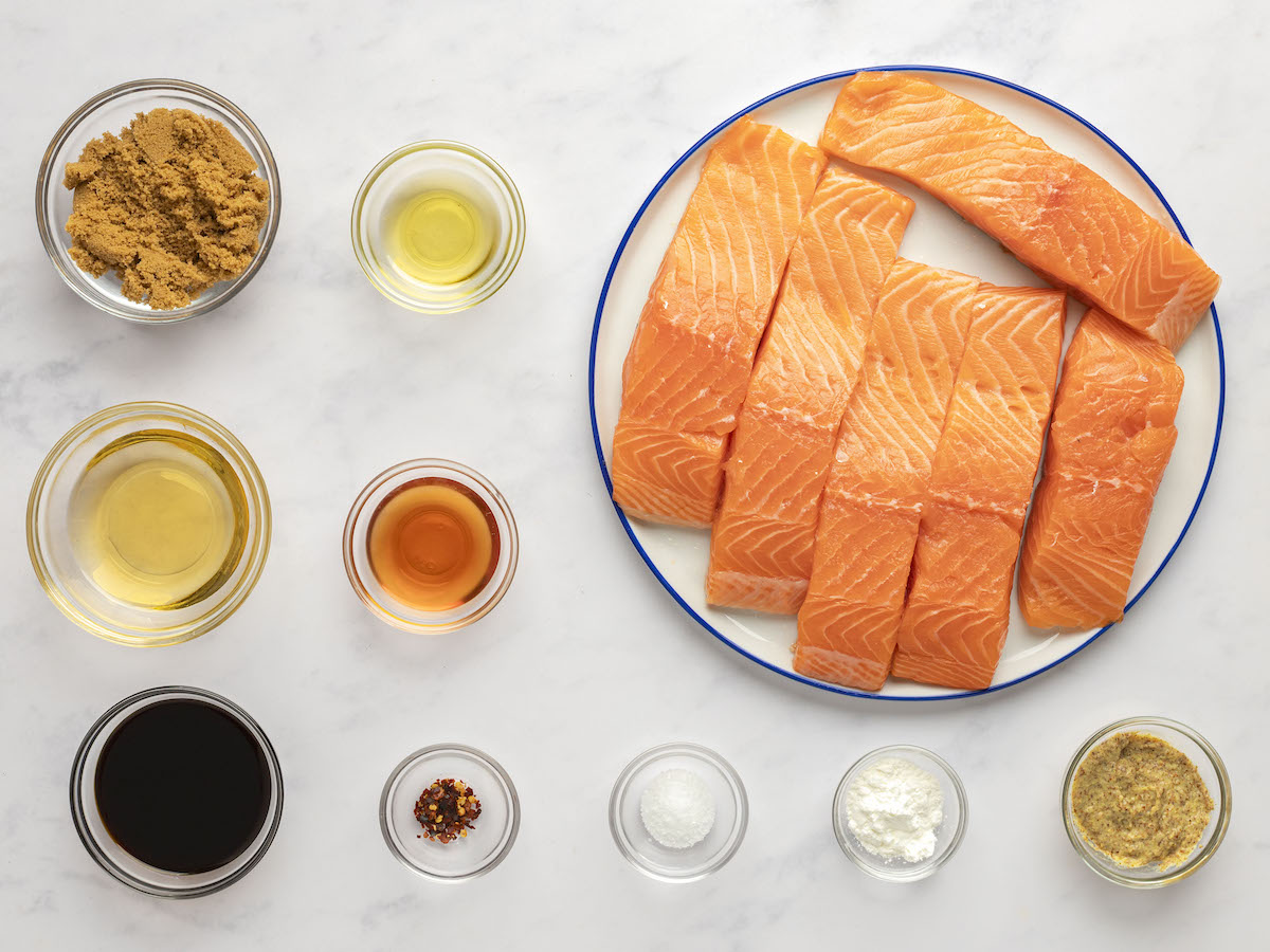 ingredients for pan-seared salmon with soy mustard glaze.