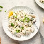 Chicken salad on a plate with fork.