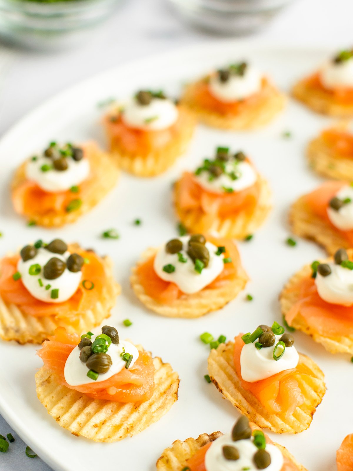 smoked salmon crisps on a platter