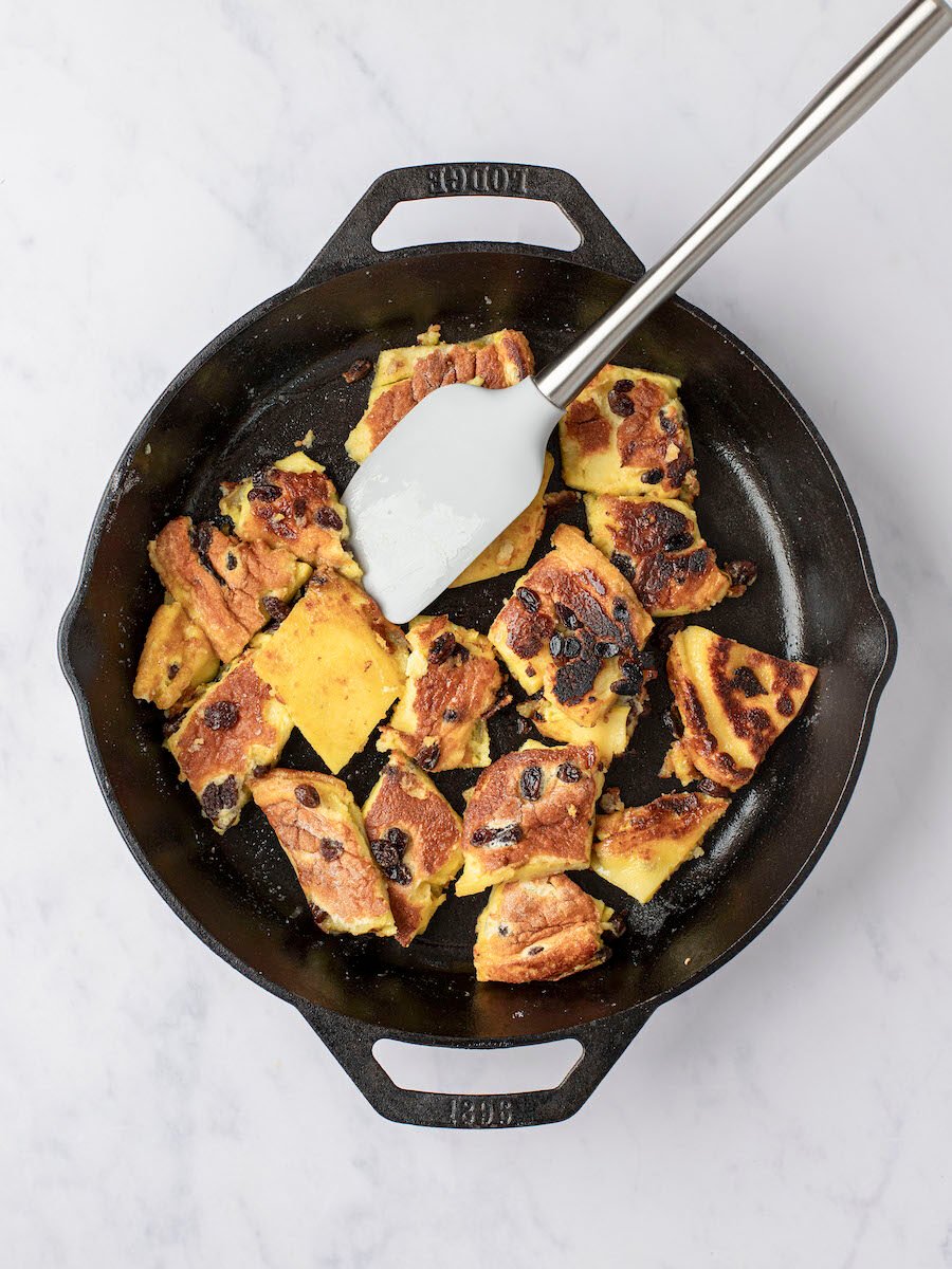 caramelized pieces of kaiserschmarrn in skillet