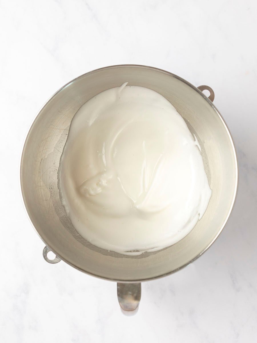 egg whites, salt, and sugar beaten to soft peaks