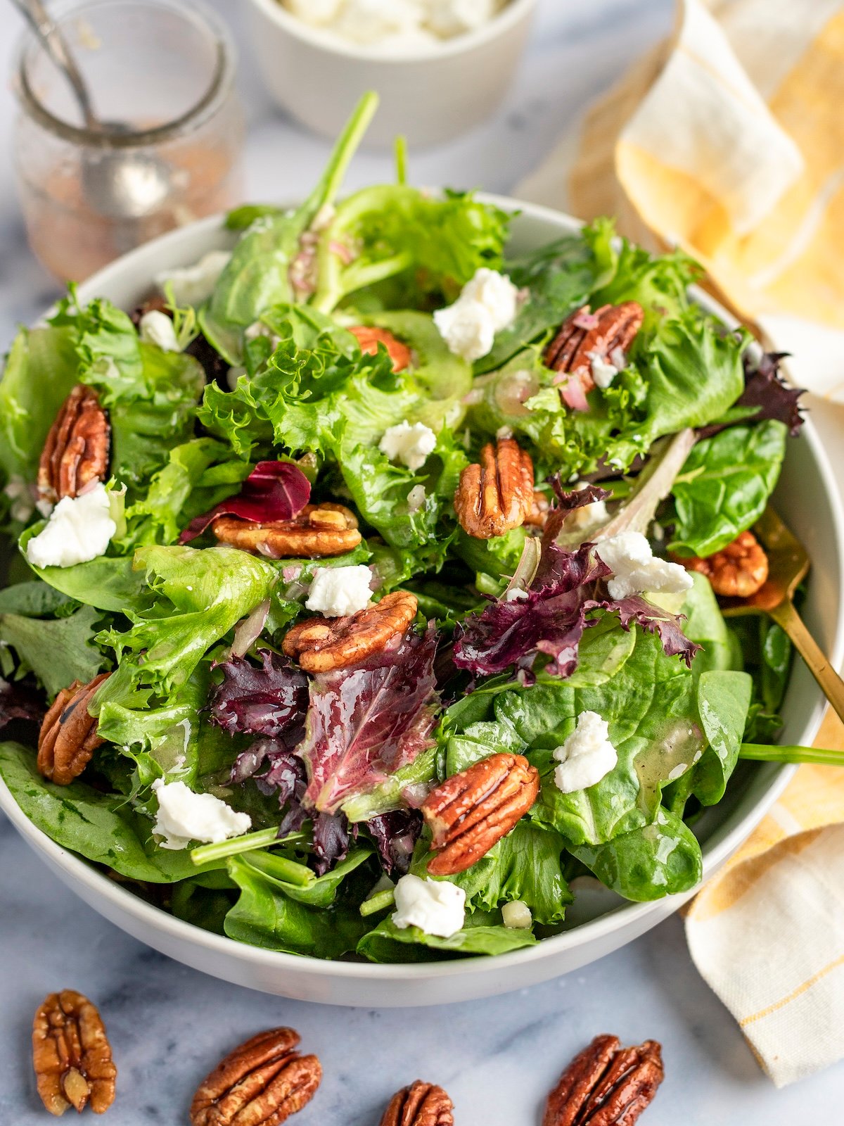 Green Salad with Goat Cheese, Maple-Glazed Pecans & Maple Dijon Vinaigrette with Striped Linen Napkin
