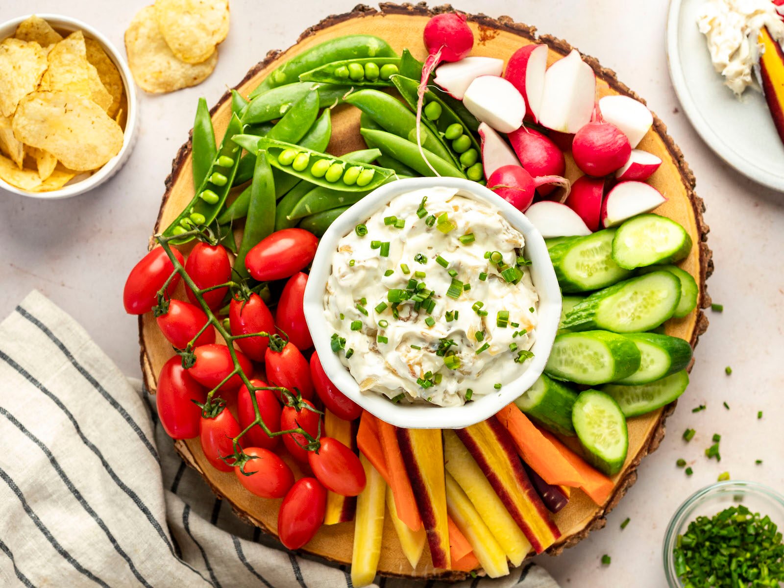 French onion dip with veggies and potato chips