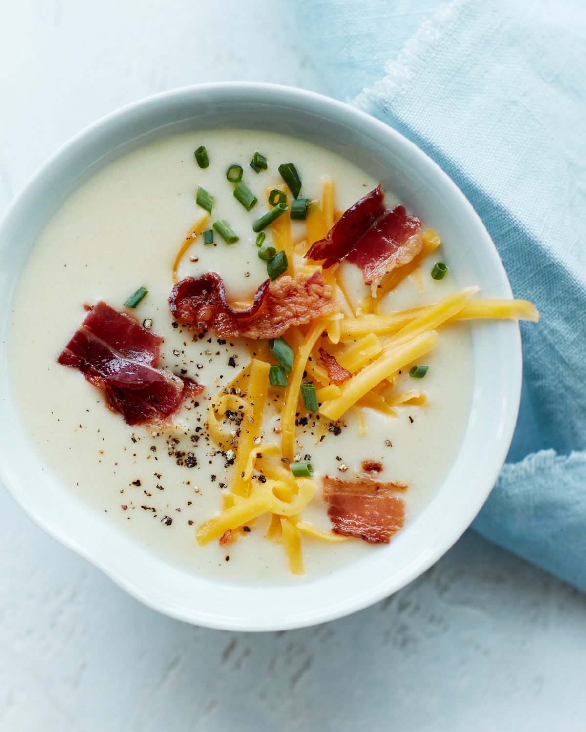 potato soup with bacon, cheddar, and chives