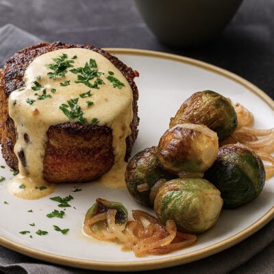 steak au poivre on plate with Brussels sprouts